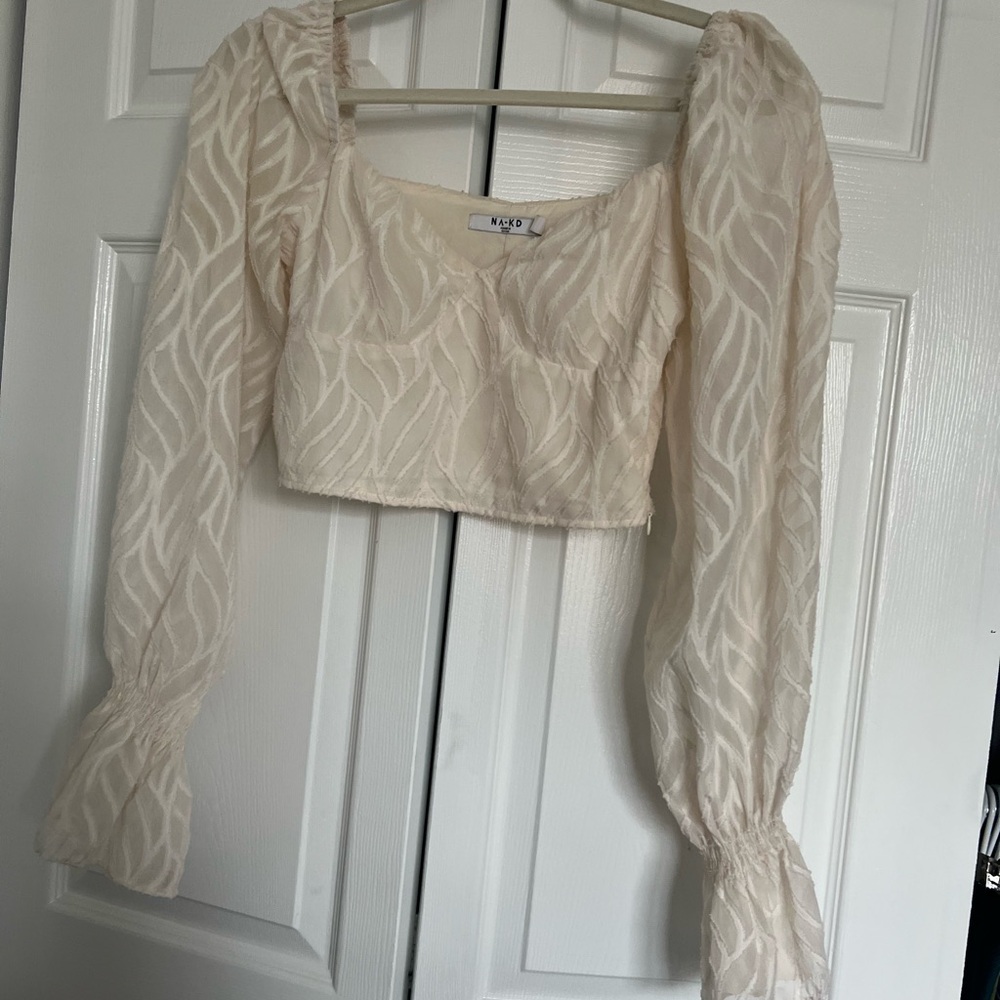 Cream Long Sleeve Puff Crop Blouse Sweetheart neckline